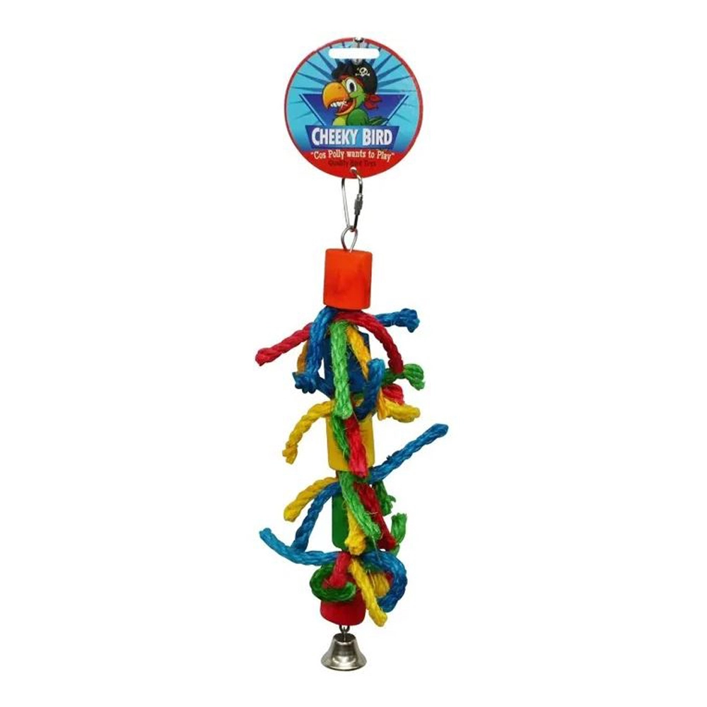 Cheeky Bird Cylinder & Rope Wooden Bird Toy W/ Bell Medium 3 Cheeky Bird Cylinder & Rope Wooden Bird Toy W/ Bell Medium